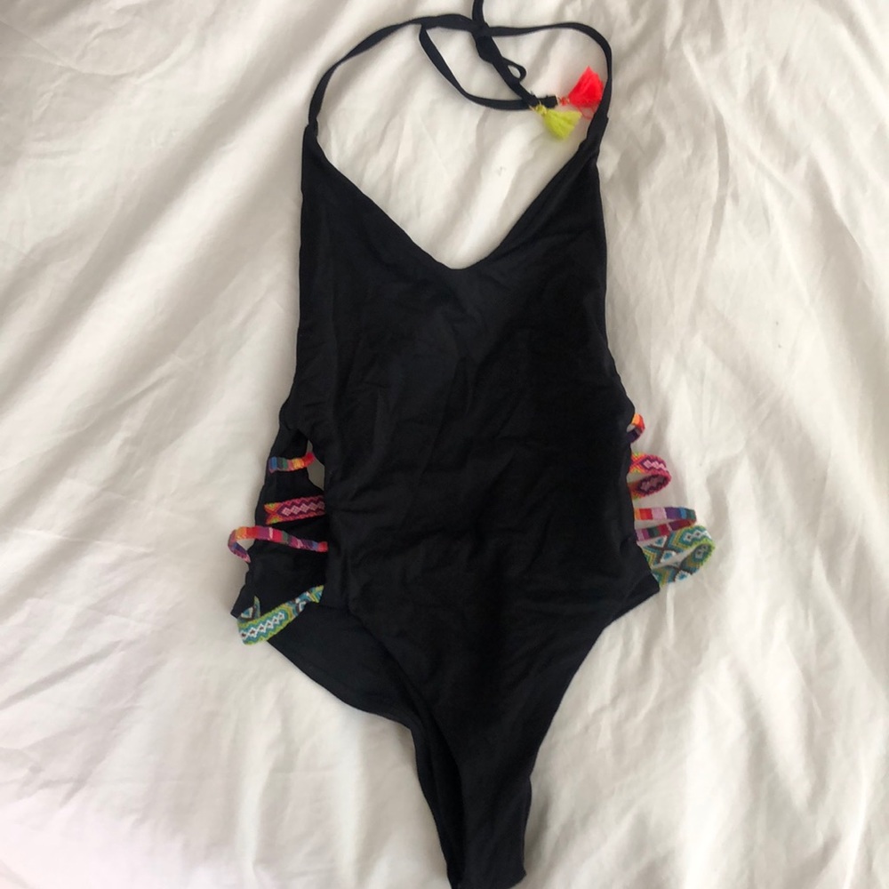 Black embroidered one piece with rainbow sides